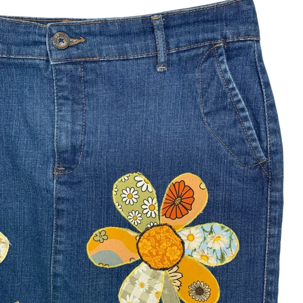 Sonoma Denim Pencil Jean Skirt Flower Applique Boho Crochet Trim Womens 8